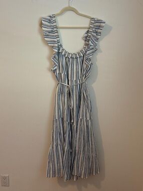 Apiece Apart Sleeveless Blue and White Striped Ruffle Midi Dress